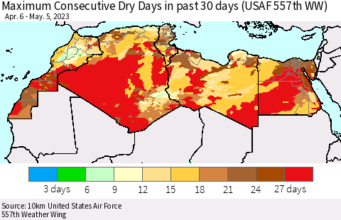 North Africa Maximum Consecutive Dry Days in past 30 days (USAF 557th WW) 05/05/2023 Thematic Map For 5/1/2023 - 5/5/2023