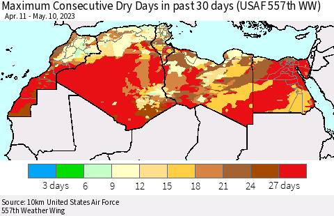 North Africa Maximum Consecutive Dry Days in past 30 days (USAF 557th WW) 05/10/2023 Thematic Map For 5/6/2023 - 5/10/2023