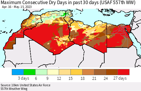 North Africa Maximum Consecutive Dry Days in past 30 days (USAF 557th WW) 05/15/2023 Thematic Map For 5/11/2023 - 5/15/2023