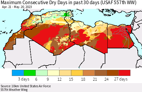 North Africa Maximum Consecutive Dry Days in past 30 days (USAF 557th WW) 05/20/2023 Thematic Map For 5/16/2023 - 5/20/2023