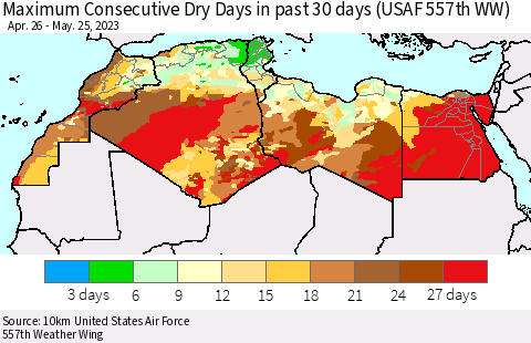 North Africa Maximum Consecutive Dry Days in past 30 days (USAF 557th WW) 05/25/2023 Thematic Map For 5/21/2023 - 5/25/2023