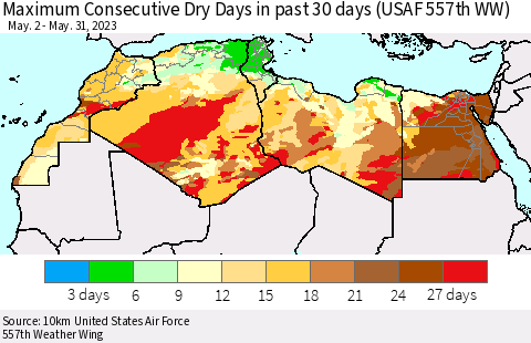 North Africa Maximum Consecutive Dry Days in past 30 days (USAF 557th WW) 05/31/2023 Thematic Map For 5/26/2023 - 5/31/2023