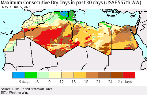 North Africa Maximum Consecutive Dry Days in past 30 days (USAF 557th WW) 06/05/2023 Thematic Map For 6/1/2023 - 6/5/2023