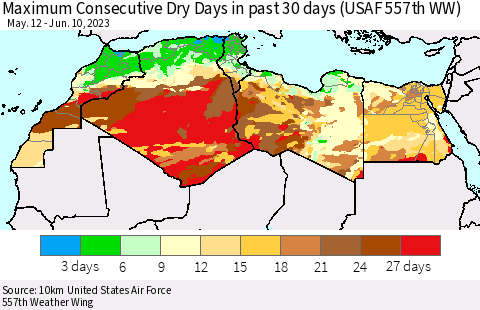 North Africa Maximum Consecutive Dry Days in past 30 days (USAF 557th WW) 06/10/2023 Thematic Map For 6/6/2023 - 6/10/2023