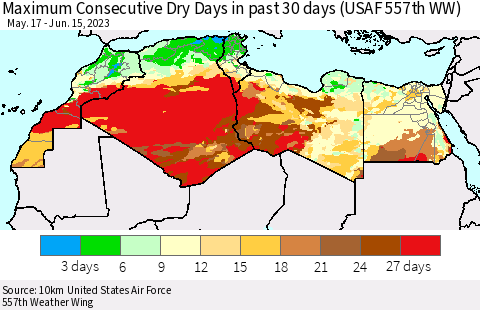 North Africa Maximum Consecutive Dry Days in past 30 days (USAF 557th WW) 06/15/2023 Thematic Map For 6/11/2023 - 6/15/2023