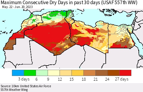 North Africa Maximum Consecutive Dry Days in past 30 days (USAF 557th WW) 06/20/2023 Thematic Map For 6/16/2023 - 6/20/2023