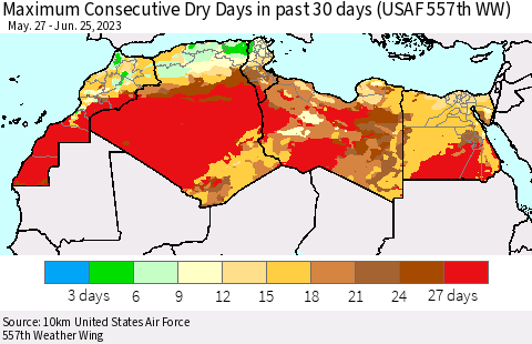 North Africa Maximum Consecutive Dry Days in past 30 days (USAF 557th WW) 06/25/2023 Thematic Map For 6/21/2023 - 6/25/2023