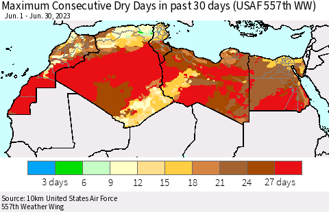 North Africa Maximum Consecutive Dry Days in past 30 days (USAF 557th WW) 06/30/2023 Thematic Map For 6/26/2023 - 6/30/2023