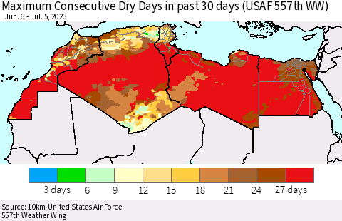 North Africa Maximum Consecutive Dry Days in past 30 days (USAF 557th WW) 07/05/2023 Thematic Map For 7/1/2023 - 7/5/2023