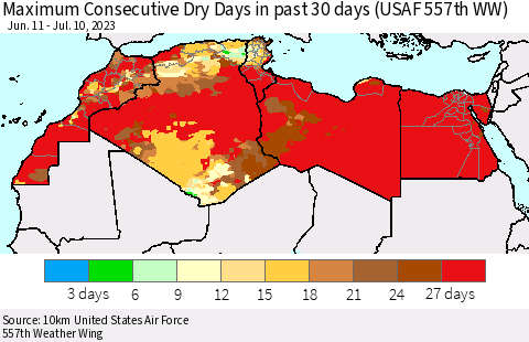 North Africa Maximum Consecutive Dry Days in past 30 days (USAF 557th WW) 07/10/2023 Thematic Map For 7/6/2023 - 7/10/2023