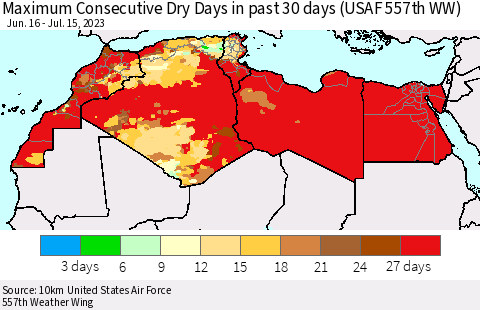 North Africa Maximum Consecutive Dry Days in past 30 days (USAF 557th WW) 07/15/2023 Thematic Map For 7/11/2023 - 7/15/2023