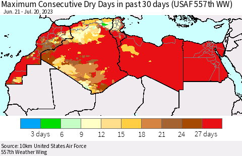 North Africa Maximum Consecutive Dry Days in past 30 days (USAF 557th WW) 07/20/2023 Thematic Map For 7/16/2023 - 7/20/2023