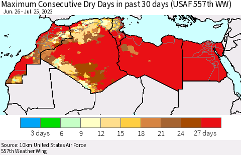 North Africa Maximum Consecutive Dry Days in past 30 days (USAF 557th WW) 07/25/2023 Thematic Map For 7/21/2023 - 7/25/2023