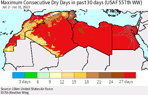 North Africa Maximum Consecutive Dry Days in past 30 days (USAF 557th WW) 07/31/2023 Thematic Map For 7/26/2023 - 7/31/2023