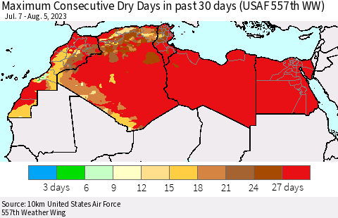 North Africa Maximum Consecutive Dry Days in past 30 days (USAF 557th WW) 08/05/2023 Thematic Map For 8/1/2023 - 8/5/2023