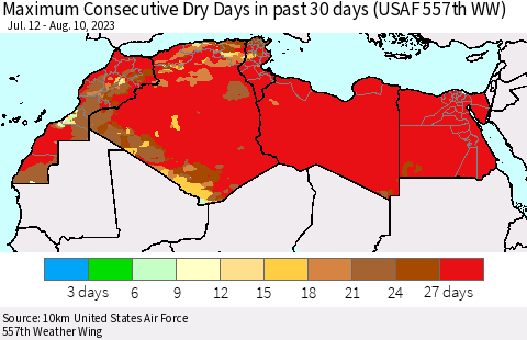 North Africa Maximum Consecutive Dry Days in past 30 days (USAF 557th WW) 08/10/2023 Thematic Map For 8/6/2023 - 8/10/2023