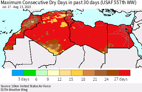 North Africa Maximum Consecutive Dry Days in past 30 days (USAF 557th WW) 08/15/2023 Thematic Map For 8/11/2023 - 8/15/2023