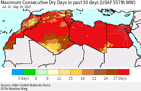 North Africa Maximum Consecutive Dry Days in past 30 days (USAF 557th WW) 08/20/2023 Thematic Map For 8/16/2023 - 8/20/2023