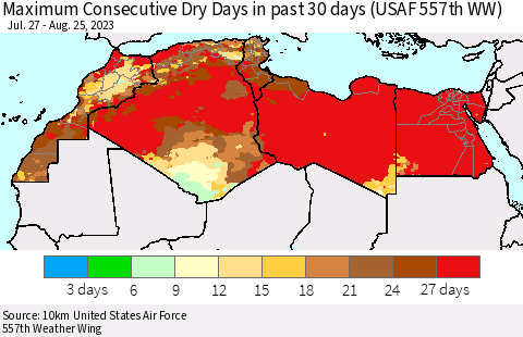North Africa Maximum Consecutive Dry Days in past 30 days (USAF 557th WW) 08/25/2023 Thematic Map For 8/21/2023 - 8/25/2023