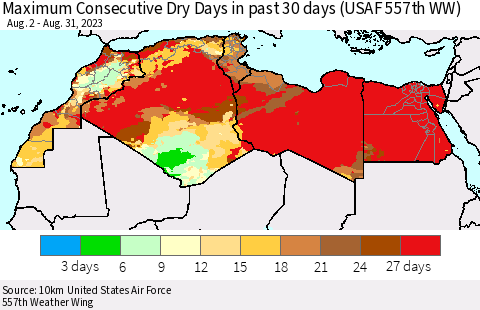 North Africa Maximum Consecutive Dry Days in past 30 days (USAF 557th WW) 08/31/2023 Thematic Map For 8/26/2023 - 8/31/2023