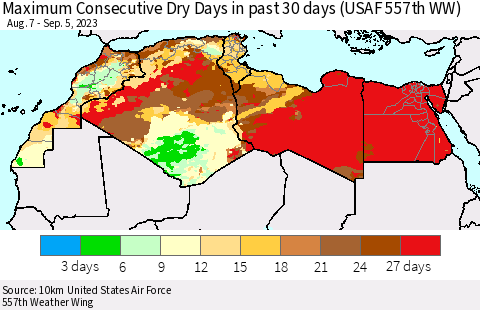North Africa Maximum Consecutive Dry Days in past 30 days (USAF 557th WW) 09/05/2023 Thematic Map For 9/1/2023 - 9/5/2023