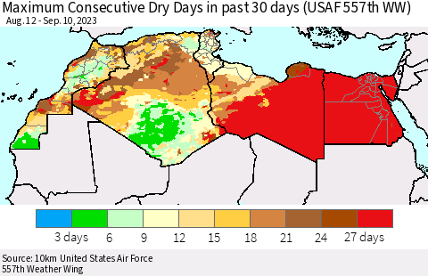 North Africa Maximum Consecutive Dry Days in past 30 days (USAF 557th WW) 09/10/2023 Thematic Map For 9/6/2023 - 9/10/2023