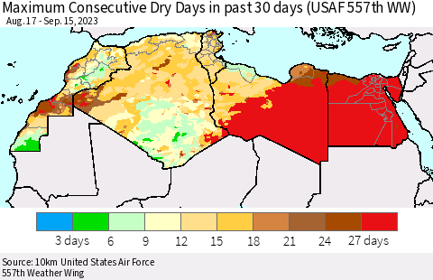 North Africa Maximum Consecutive Dry Days in past 30 days (USAF 557th WW) 09/15/2023 Thematic Map For 9/11/2023 - 9/15/2023