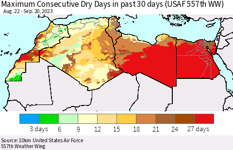 North Africa Maximum Consecutive Dry Days in past 30 days (USAF 557th WW) 09/20/2023 Thematic Map For 9/16/2023 - 9/20/2023