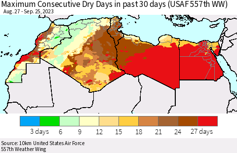North Africa Maximum Consecutive Dry Days in past 30 days (USAF 557th WW) 09/25/2023 Thematic Map For 9/21/2023 - 9/25/2023