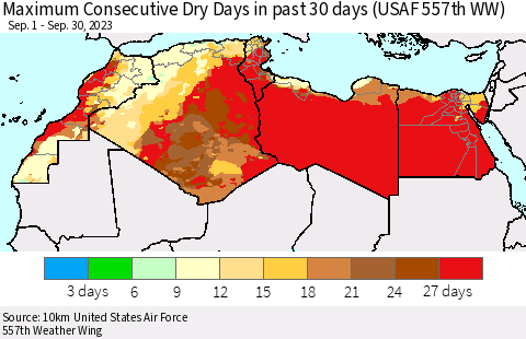 North Africa Maximum Consecutive Dry Days in past 30 days (USAF 557th WW) 09/30/2023 Thematic Map For 9/26/2023 - 9/30/2023