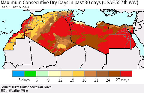 North Africa Maximum Consecutive Dry Days in past 30 days (USAF 557th WW) 10/05/2023 Thematic Map For 10/1/2023 - 10/5/2023