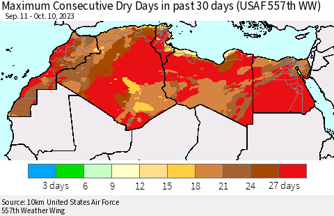 North Africa Maximum Consecutive Dry Days in past 30 days (USAF 557th WW) 10/10/2023 Thematic Map For 10/6/2023 - 10/10/2023
