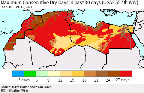 North Africa Maximum Consecutive Dry Days in past 30 days (USAF 557th WW) 10/15/2023 Thematic Map For 10/11/2023 - 10/15/2023