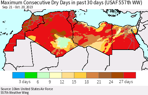 North Africa Maximum Consecutive Dry Days in past 30 days (USAF 557th WW) 10/20/2023 Thematic Map For 10/16/2023 - 10/20/2023