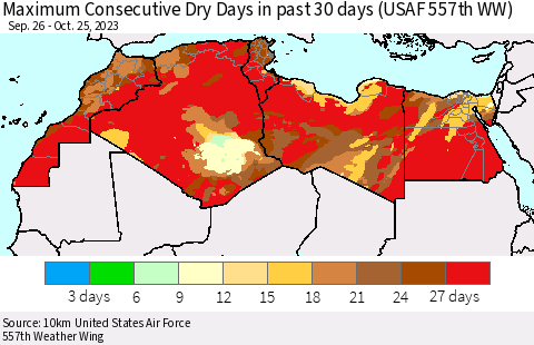 North Africa Maximum Consecutive Dry Days in past 30 days (USAF 557th WW) 10/25/2023 Thematic Map For 10/21/2023 - 10/25/2023