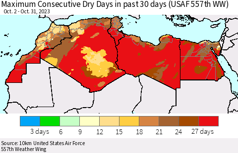 North Africa Maximum Consecutive Dry Days in past 30 days (USAF 557th WW) 10/31/2023 Thematic Map For 10/26/2023 - 10/31/2023