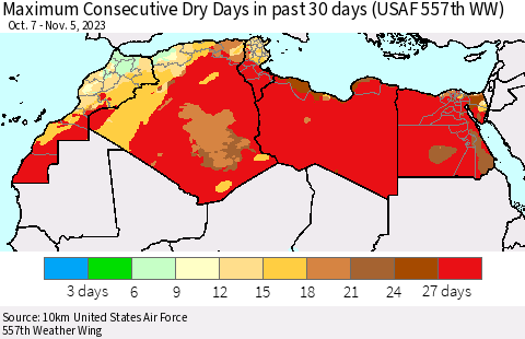 North Africa Maximum Consecutive Dry Days in past 30 days (USAF 557th WW) 11/05/2023 Thematic Map For 11/1/2023 - 11/5/2023