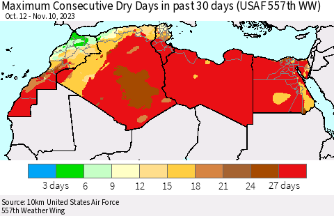 North Africa Maximum Consecutive Dry Days in past 30 days (USAF 557th WW) 11/10/2023 Thematic Map For 11/6/2023 - 11/10/2023