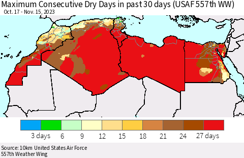North Africa Maximum Consecutive Dry Days in past 30 days (USAF 557th WW) 11/15/2023 Thematic Map For 11/11/2023 - 11/15/2023