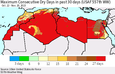 North Africa Maximum Consecutive Dry Days in past 30 days (USAF 557th WW) 11/20/2023 Thematic Map For 11/16/2023 - 11/20/2023