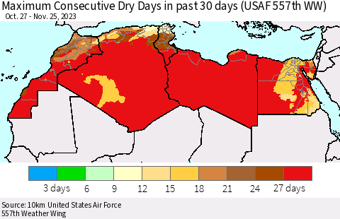 North Africa Maximum Consecutive Dry Days in past 30 days (USAF 557th WW) 11/25/2023 Thematic Map For 11/21/2023 - 11/25/2023
