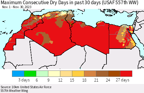 North Africa Maximum Consecutive Dry Days in past 30 days (USAF 557th WW) 11/30/2023 Thematic Map For 11/26/2023 - 11/30/2023