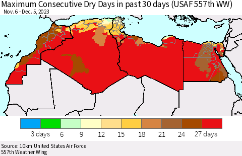 North Africa Maximum Consecutive Dry Days in past 30 days (USAF 557th WW) 12/05/2023 Thematic Map For 12/1/2023 - 12/5/2023