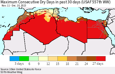 North Africa Maximum Consecutive Dry Days in past 30 days (USAF 557th WW) 12/10/2023 Thematic Map For 12/6/2023 - 12/10/2023