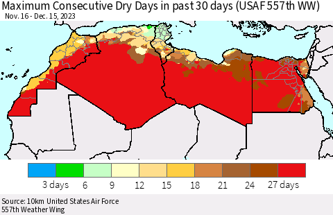 North Africa Maximum Consecutive Dry Days in past 30 days (USAF 557th WW) 12/15/2023 Thematic Map For 12/11/2023 - 12/15/2023