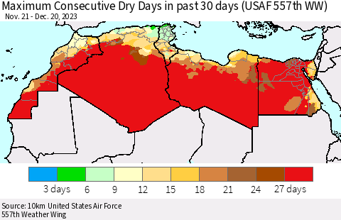 North Africa Maximum Consecutive Dry Days in past 30 days (USAF 557th WW) 12/20/2023 Thematic Map For 12/16/2023 - 12/20/2023