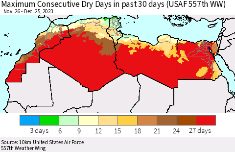 North Africa Maximum Consecutive Dry Days in past 30 days (USAF 557th WW) 12/25/2023 Thematic Map For 12/21/2023 - 12/25/2023