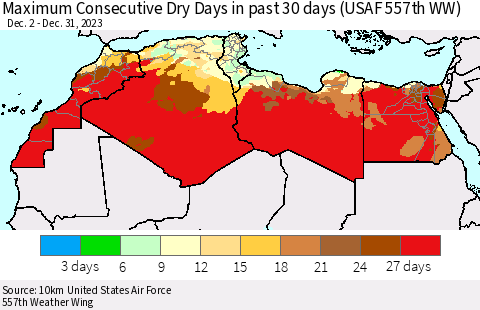 North Africa Maximum Consecutive Dry Days in past 30 days (USAF 557th WW) 12/31/2023 Thematic Map For 12/26/2023 - 12/31/2023