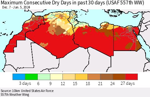 North Africa Maximum Consecutive Dry Days in past 30 days (USAF 557th WW) 01/05/2024 Thematic Map For 1/1/2024 - 1/5/2024