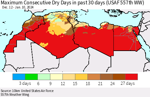 North Africa Maximum Consecutive Dry Days in past 30 days (USAF 557th WW) 01/10/2024 Thematic Map For 1/6/2024 - 1/10/2024
